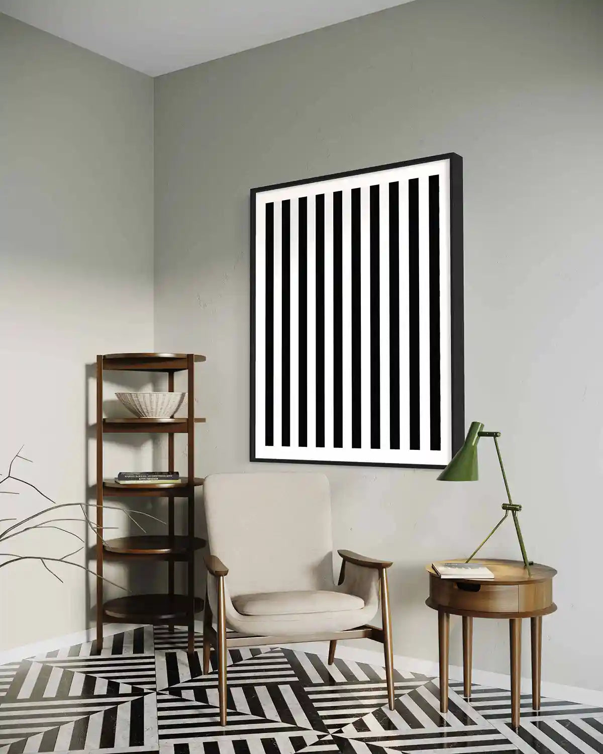 Vertical Stripes digital art print on wall art in a modern space, showcasing bold black and white diagonal lines in a minimalist design.