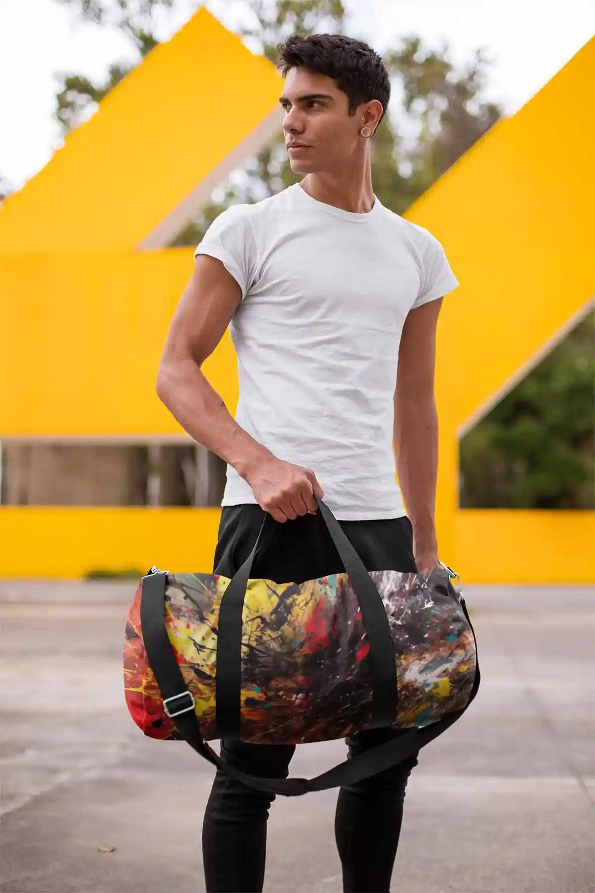 Vigor digital art print on a gym bag featuring a serious man outdoors, capturing dynamic colors and energy