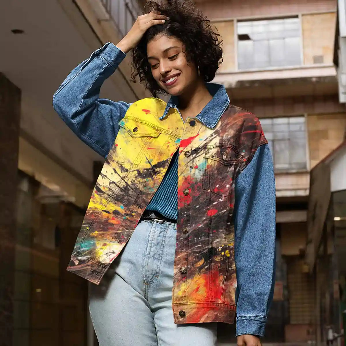Smiling woman wearing denim jacket with Vigor digital art print design.