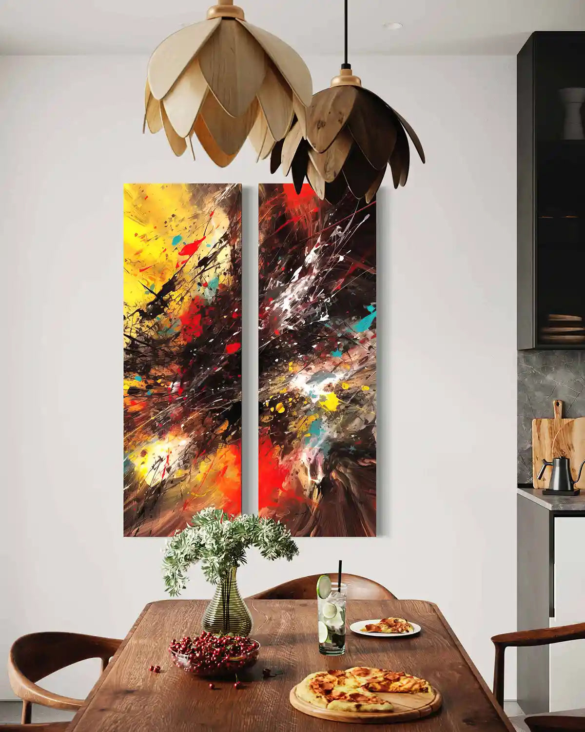 Vigor digital art diptych wall art print in contemporary dining room interior.