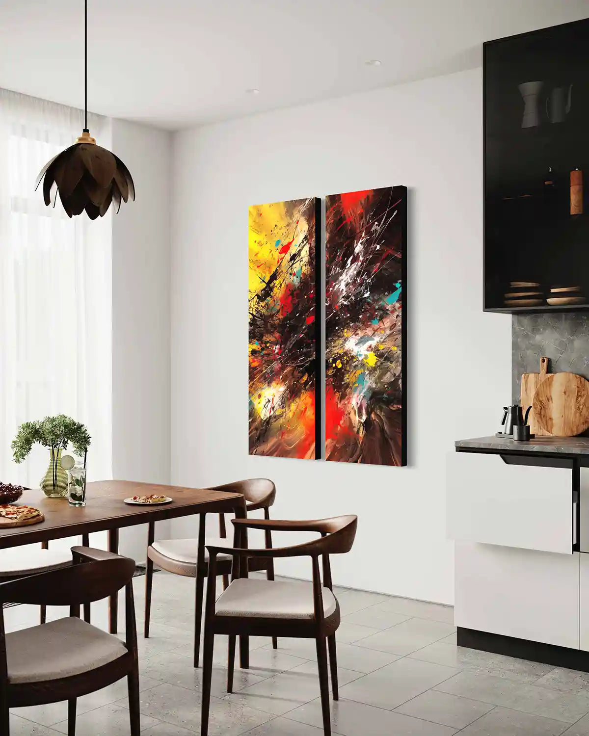Vigor digital art print on modern oversized diptych wall art set in a contemporary dining room, showcasing vibrant colors and dynamic brushstrokes from a side view, creating an energetic and striking visual effect.