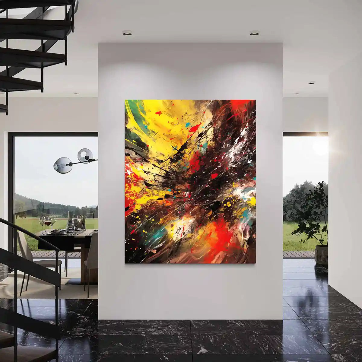 Vigor digital art print on oversized wall art in a contemporary dining room by a staircase, showcasing bold colors and dynamic brushstrokes, enhancing the space with energy and modern expression.
