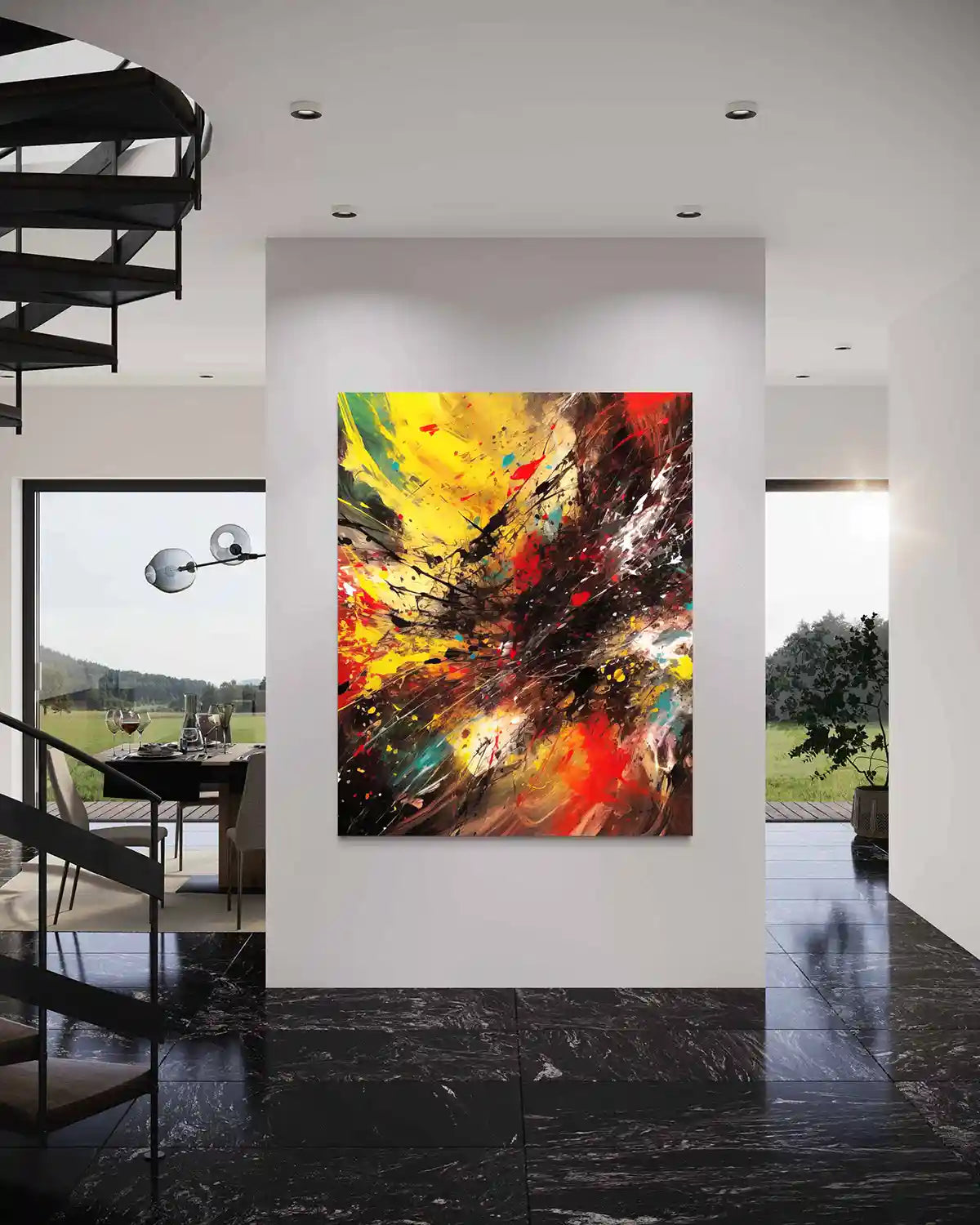 vigor-digital-art-print-on-oversized-wall-art-in-contemporary-dining-room-by-staircase-frontal-view