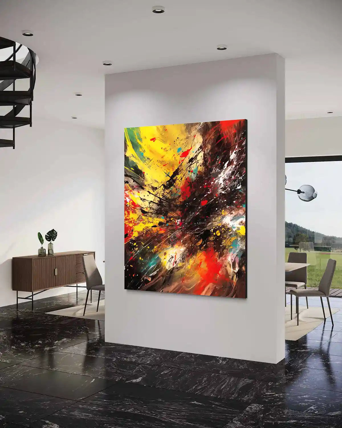 Vigor digital art print on oversized wall art in a contemporary dining room by a staircase, featuring dynamic brushstrokes and bold colors, adding energy and modern artistic flair to the space.