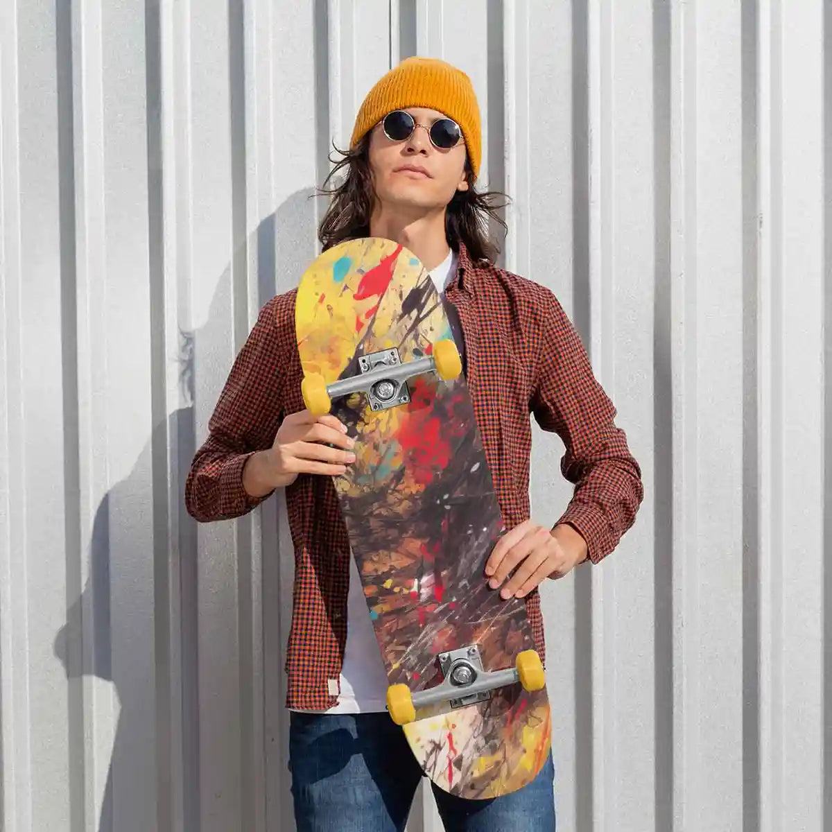 Vigor digital art print on a skateboard featuring a cool man with sunglasses, showcasing dynamic brushstrokes and bold colors