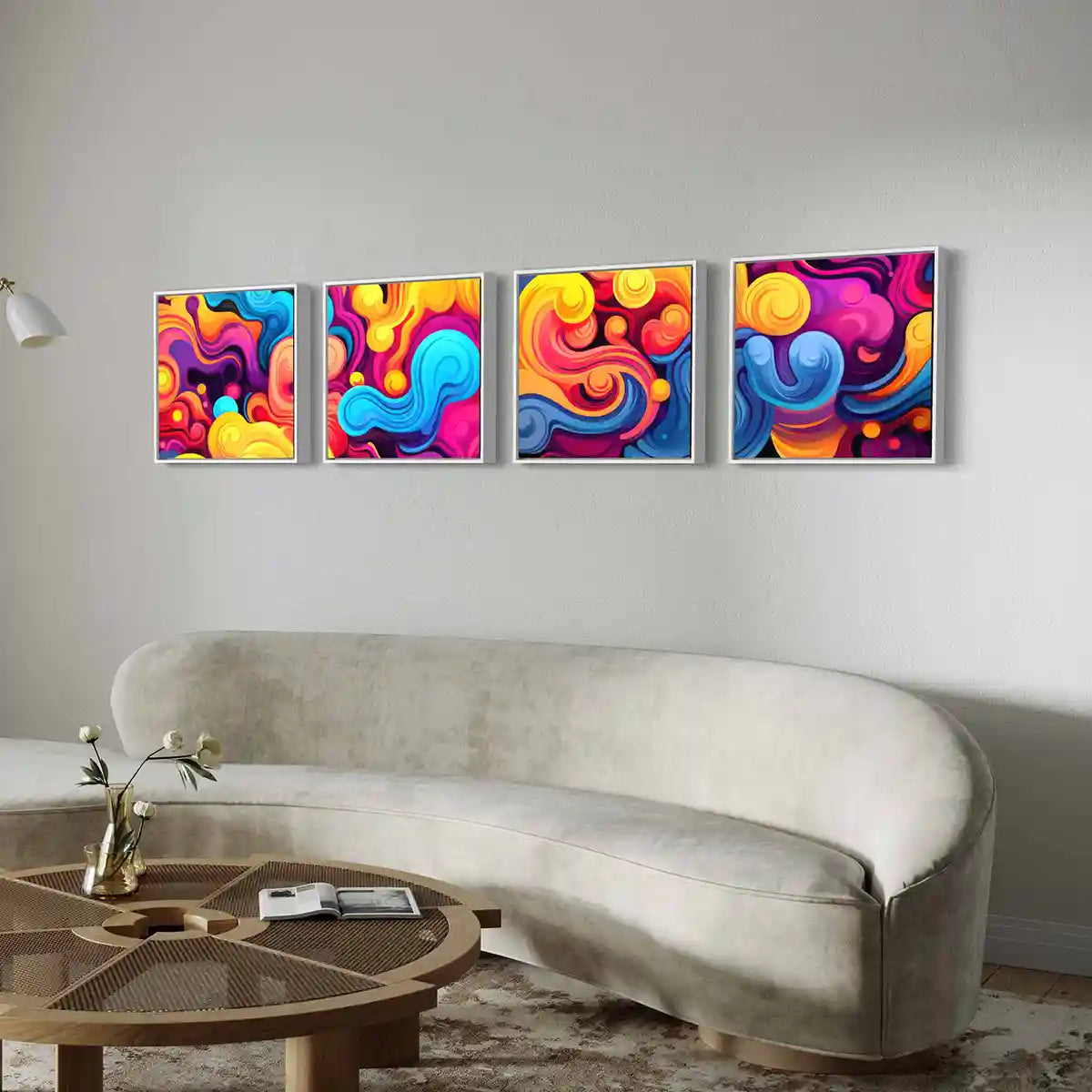 Vivid Waves digital art print on oversized abstract quadriptych wall art in a contemporary living room with minimalistic sofa, side view showcasing bold color swirls.