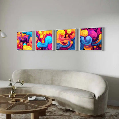 Vivid Waves digital art print on oversized abstract quadriptych wall art in a contemporary living room with minimalistic sofa, side view showcasing bold color swirls.