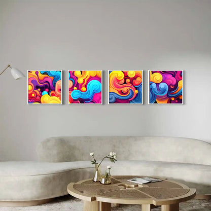 Vivid Waves digital art print on oversized abstract quadriptych wall art in a contemporary living room, featuring bold swirls of colors and a minimalistic sofa.