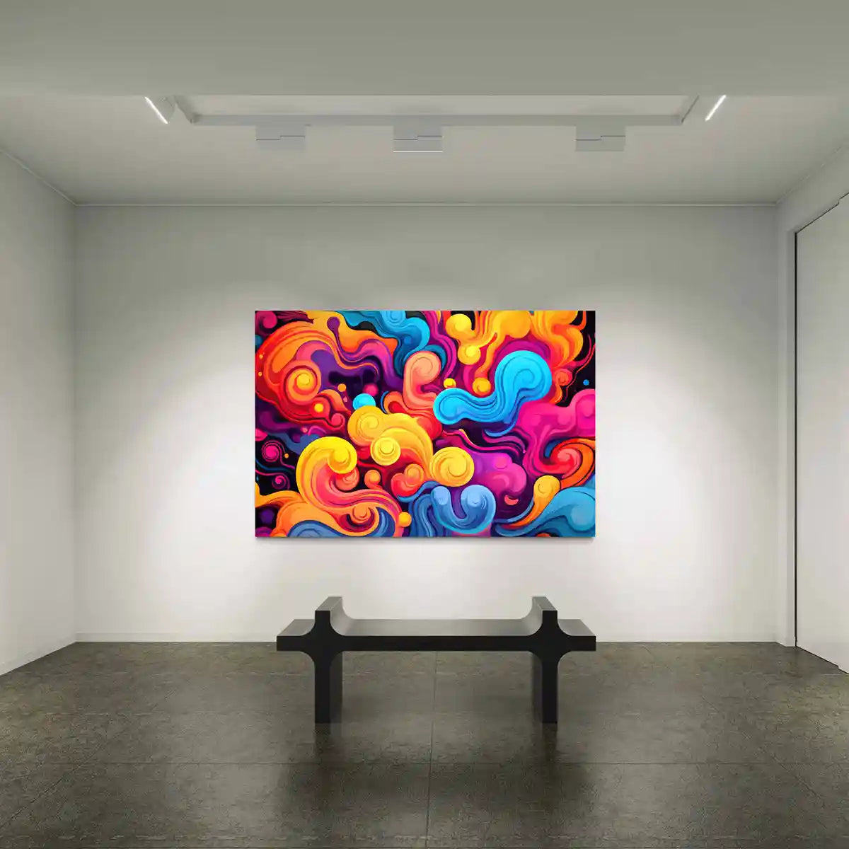Vivid Waves digital art print on oversized wall art in a minimalistic gallery, featuring bold color swirls and dynamic fluid patterns.