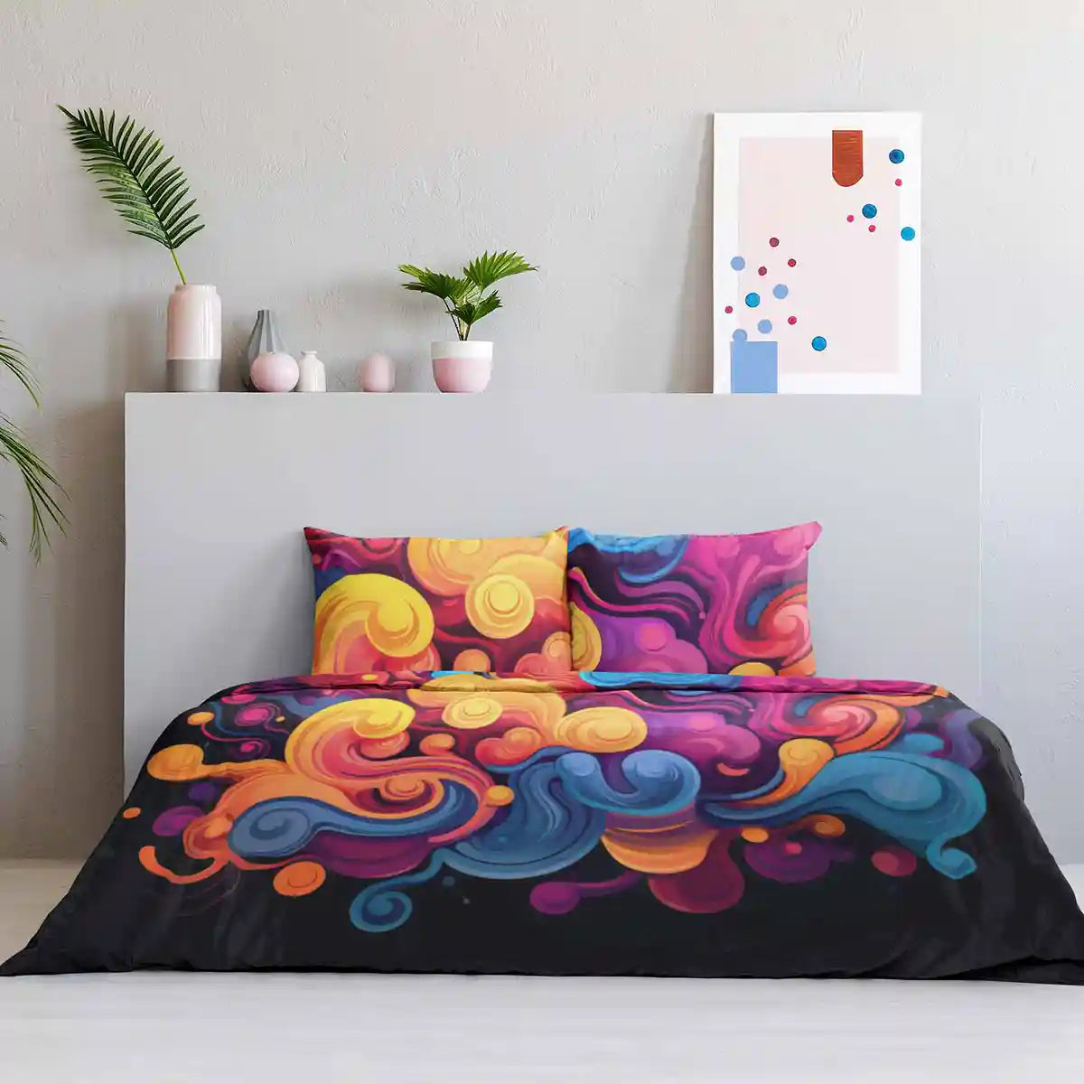 Vivid Waves digital art print on two pillows and a bedspread decorating a mattress, featuring bold, dynamic color patterns in a modern bedroom setting.