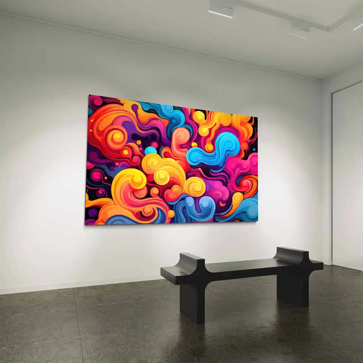 Vivid Waves oversized digital wall art print in a minimalistic gallery, showcasing bold color swirls and dynamic fluid patterns from the side view.