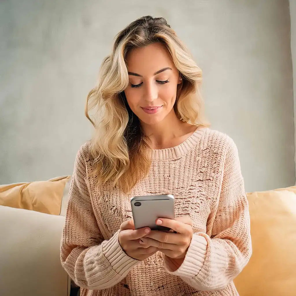 Woman looking at her smartphone, excited about downloading digital art.