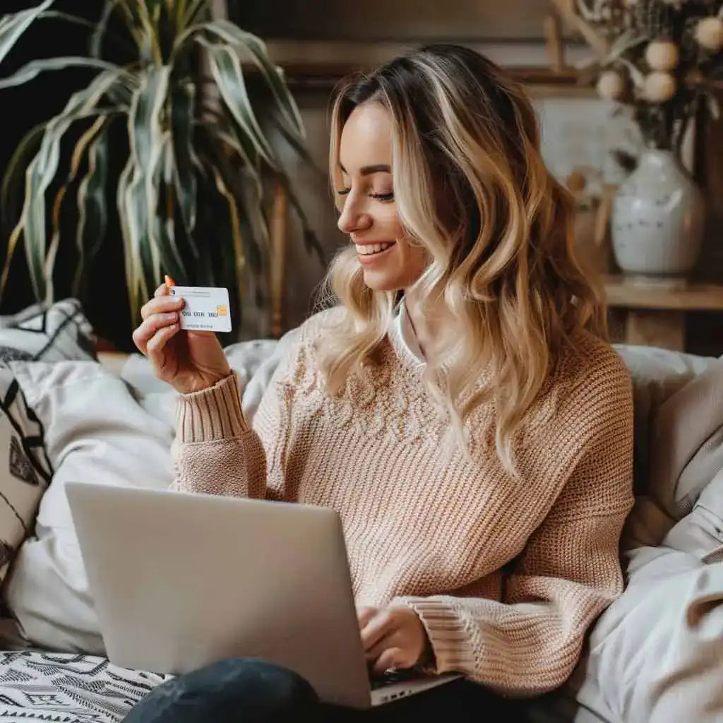 Woman sitting comfortably with a credit card in hand, representing online ordering.